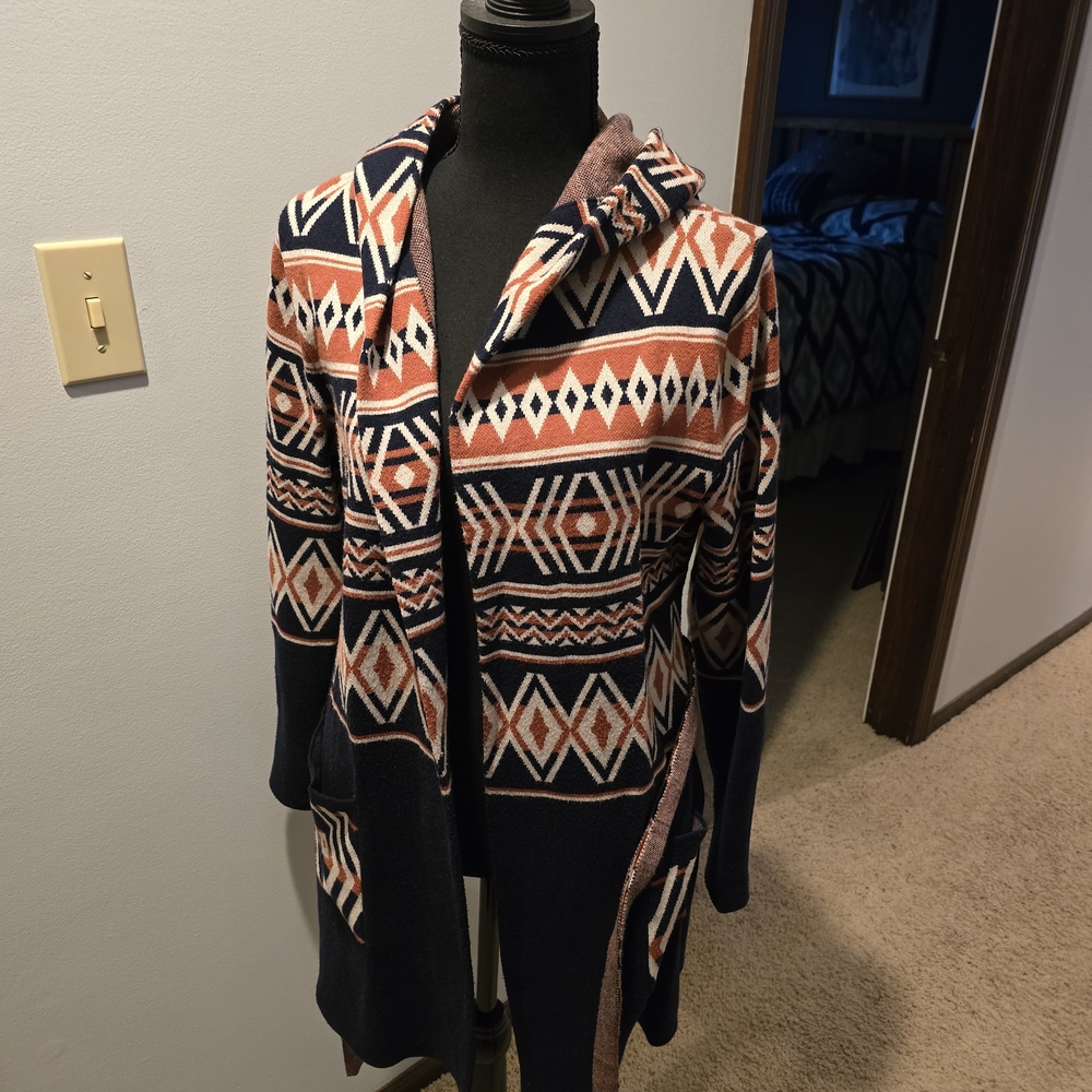 Rachel Zoe Navy and Coral Geometric Cardigan